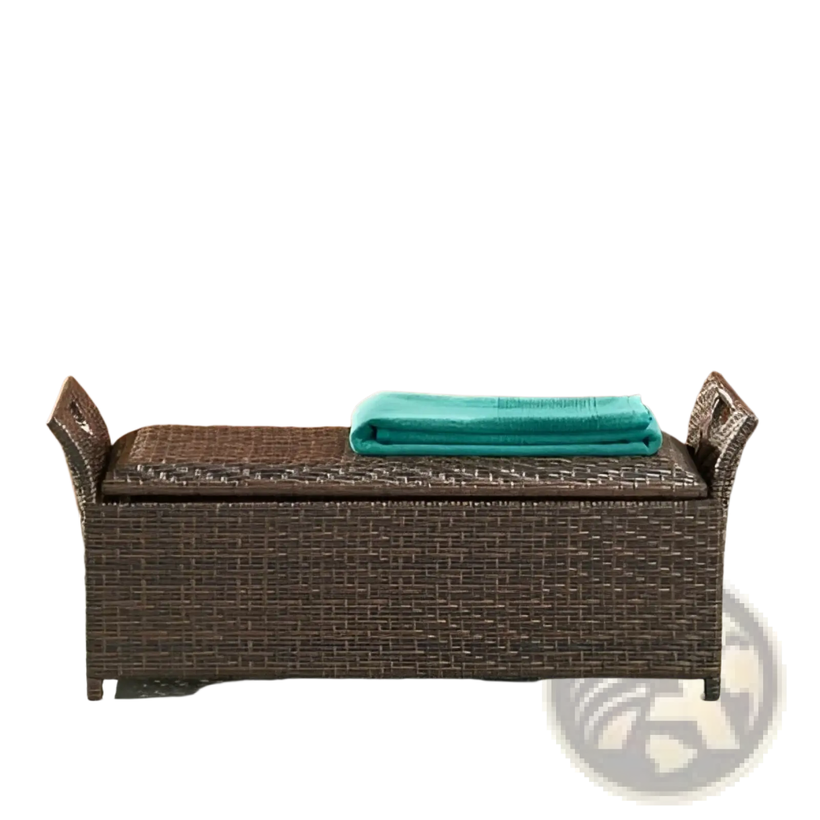 Brown wicker storage bench with matching lid and rolled-up teal towel designed for outdoor seating use