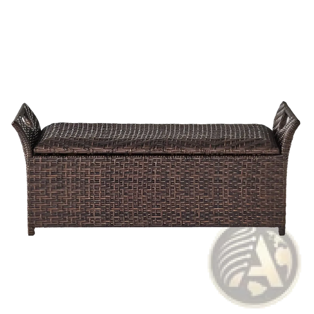 Brown woven wicker storage bench with matching cushioned lid for outdoor seating and storage use