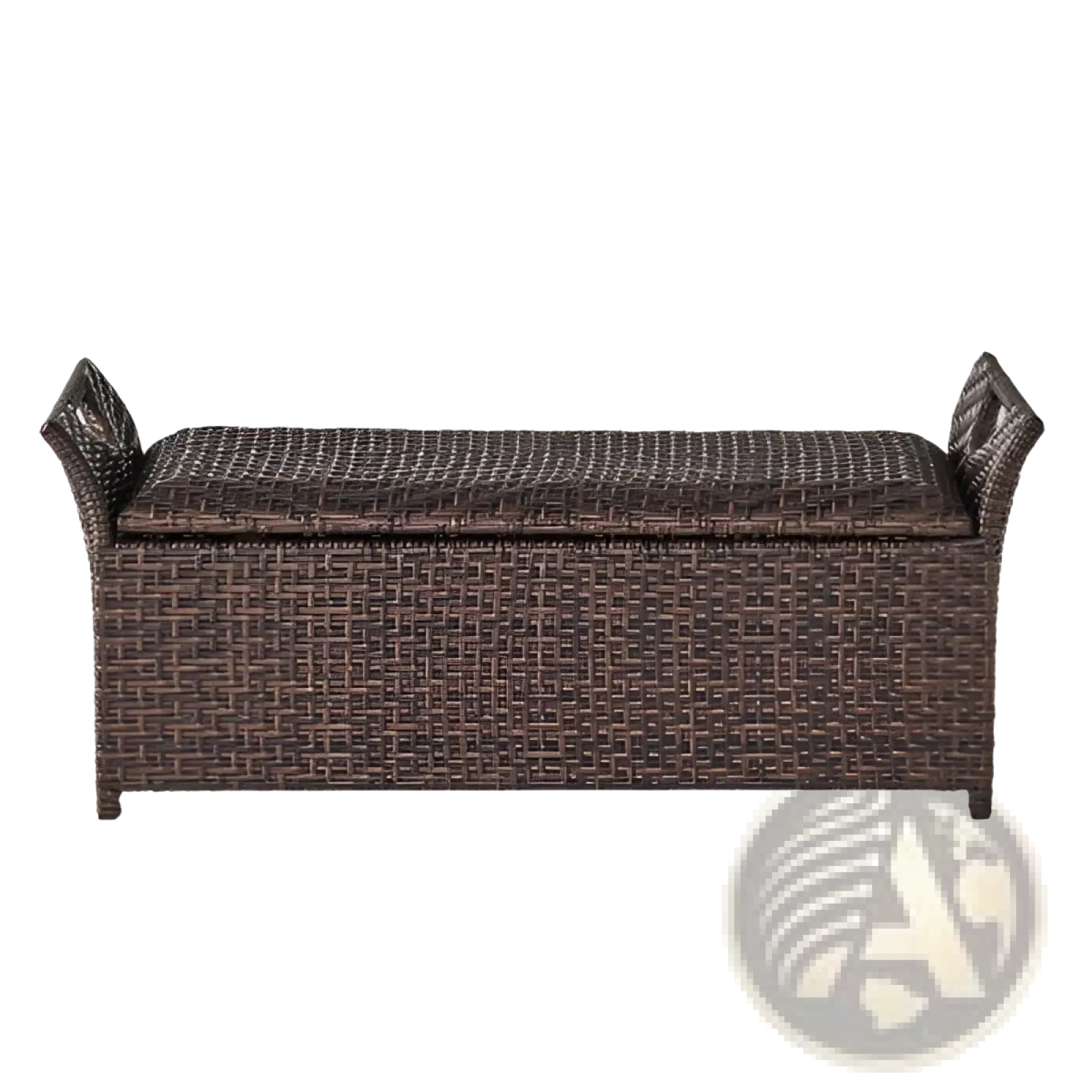 Brown woven wicker storage bench with matching cushioned lid for outdoor seating and storage use
