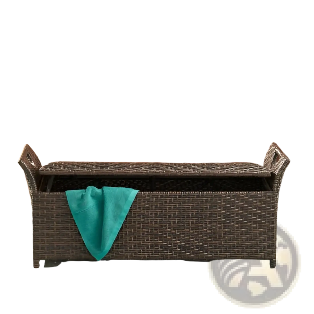 Brown woven wicker storage bench with teal towel draped over front for outdoor seating wing design