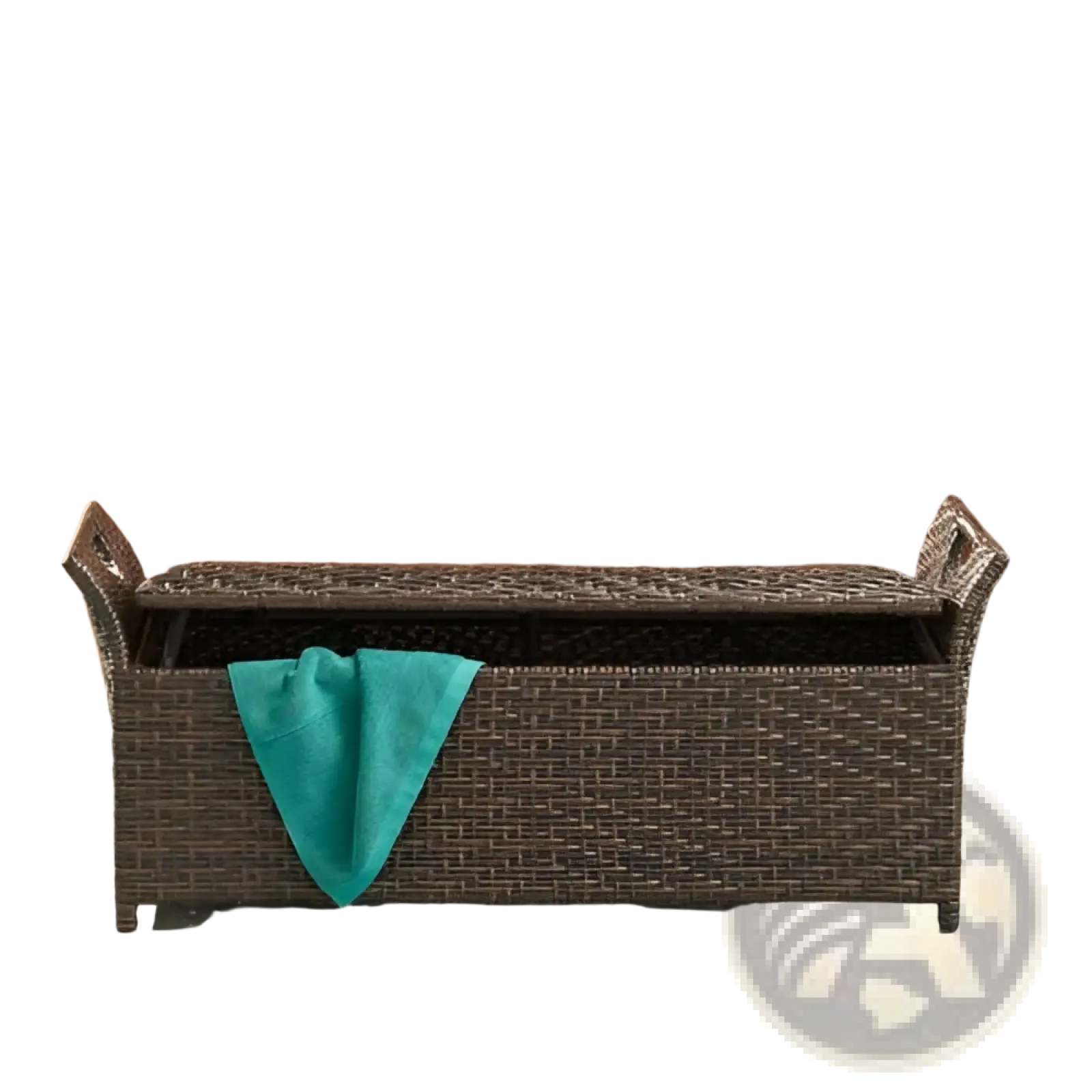 Brown woven wicker storage bench with teal towel draped over front for outdoor seating wing design