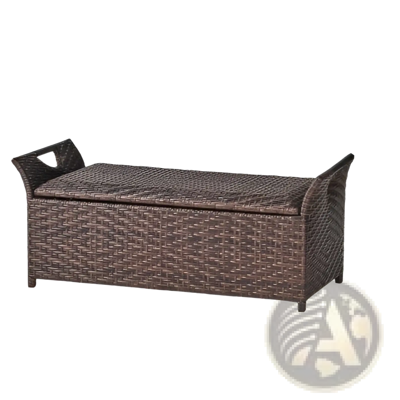 Brown wicker storage bench with woven texture and curved handles for outdoor seating and storage use