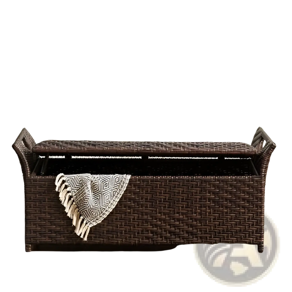 Brown woven wicker storage bench with matching lid handles and open front revealing interior space for outdoor seating