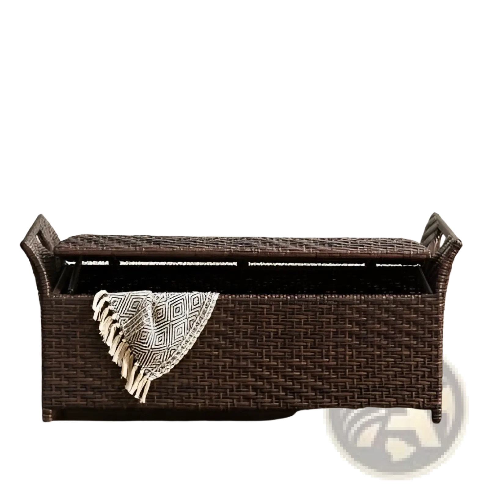Brown woven wicker storage bench with matching lid handles and open front revealing interior space for outdoor seating