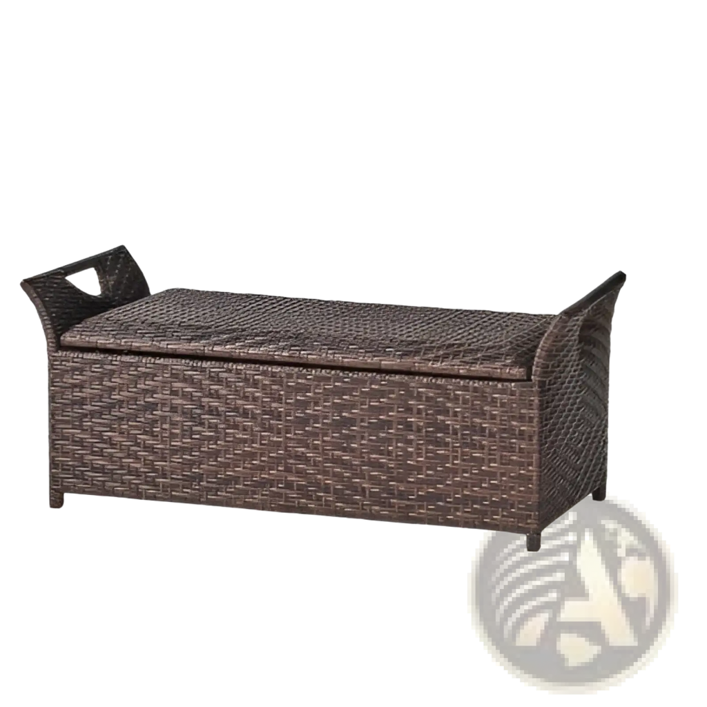 Brown wicker storage bench with woven texture and curved handles designed for outdoor wing seating