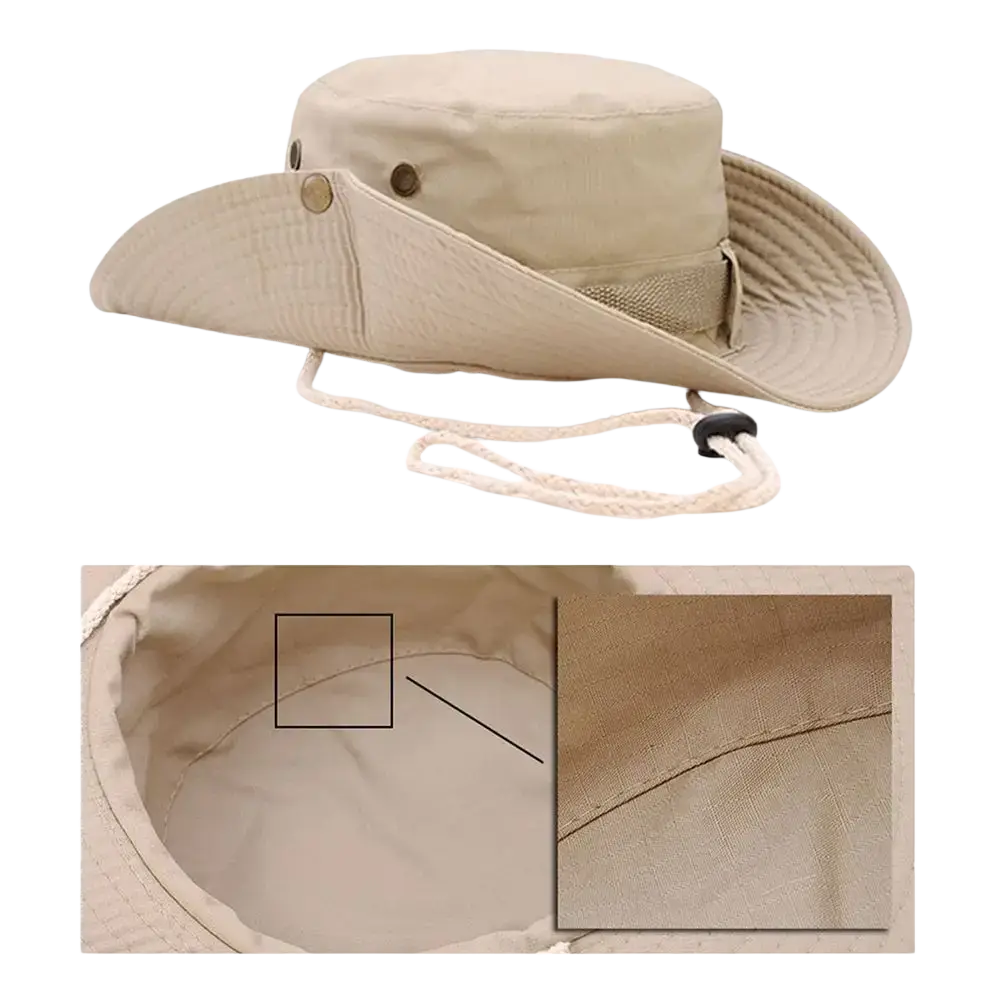 Beige canvas wide brim fishing bucket hat with adjustable drawstring and mesh panel for summer sun protection