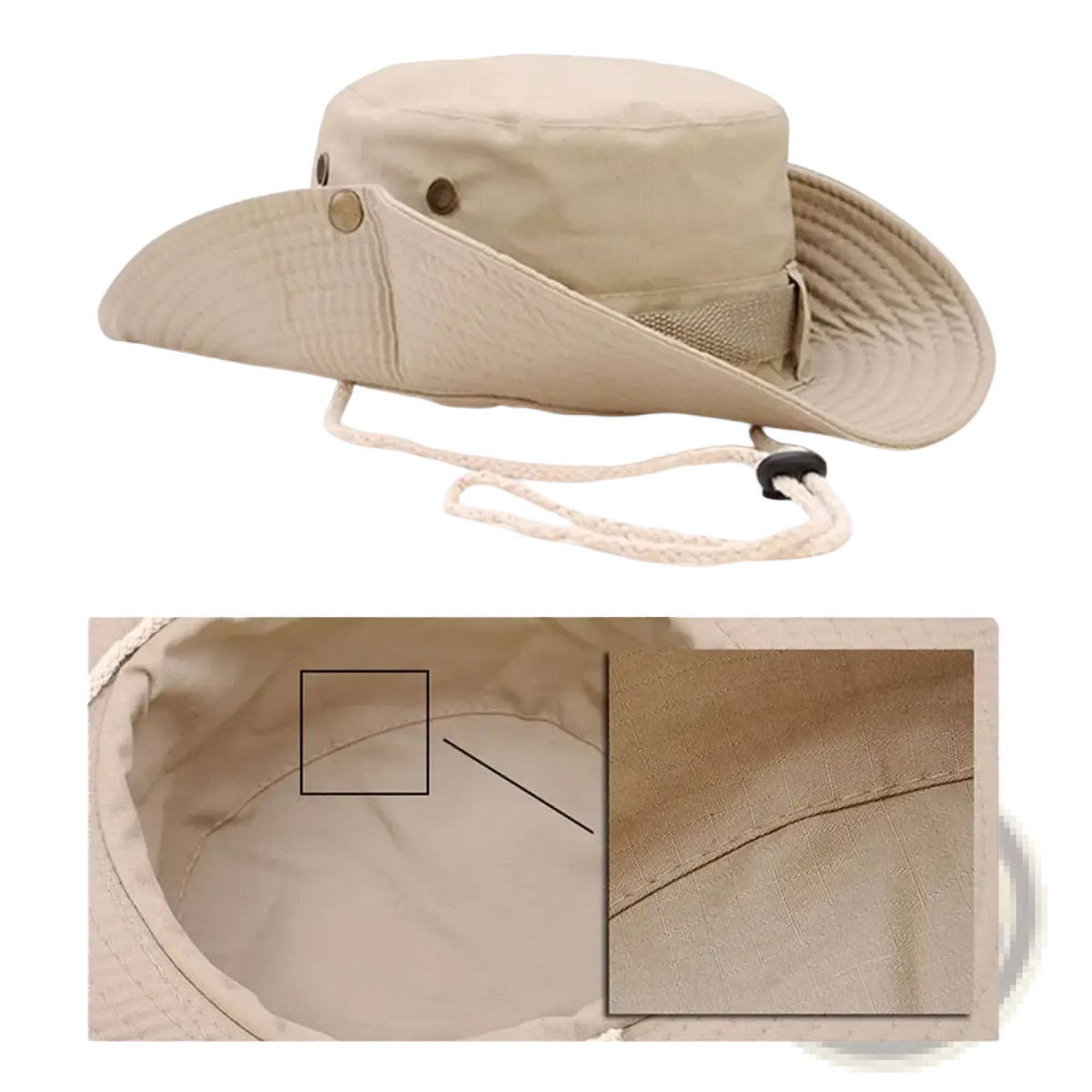 Beige canvas wide brim fishing bucket hat with adjustable drawstring and mesh panel for summer sun protection