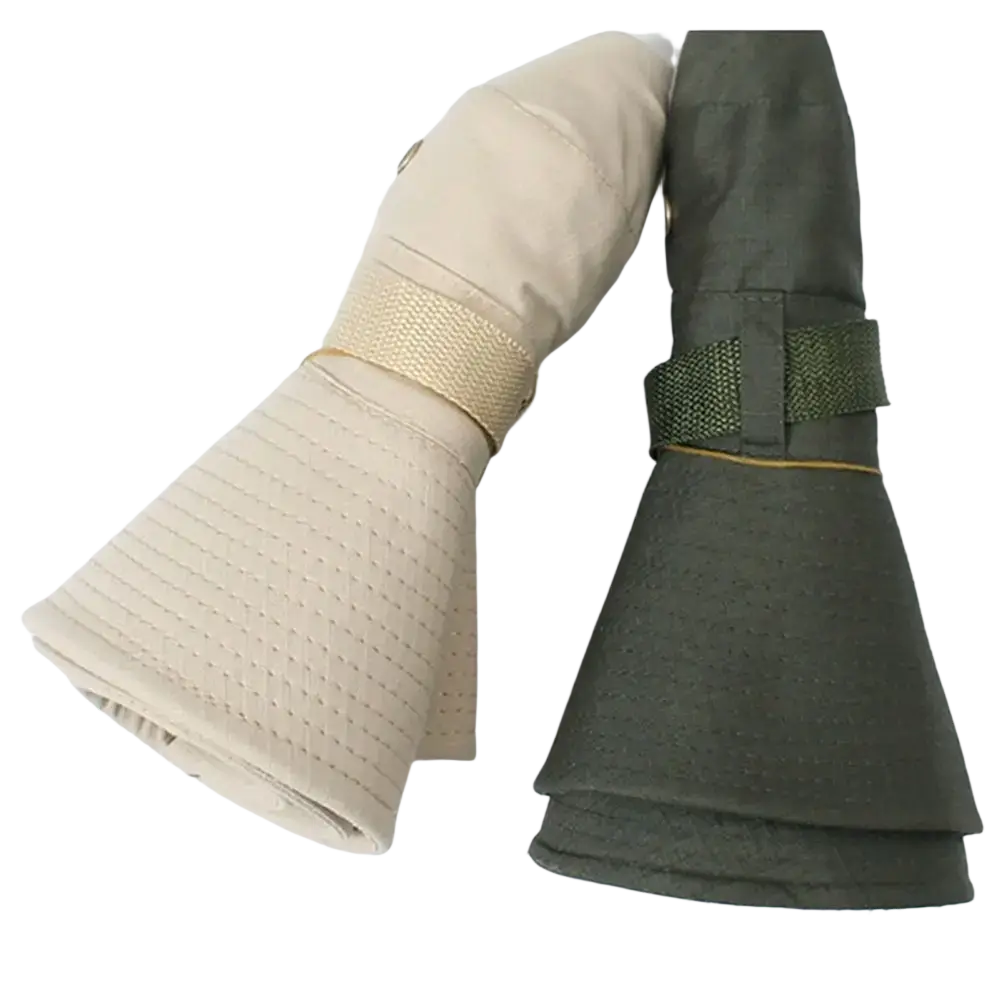 Wide brim fishing bucket hat in beige and olive green with foldable mesh fabric and adjustable sun visor straps