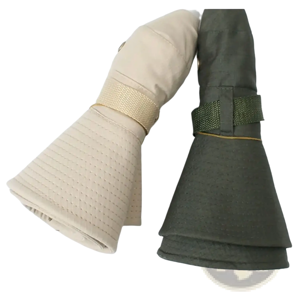 Wide brim fishing bucket hat in beige and olive green with foldable mesh fabric and adjustable sun visor straps