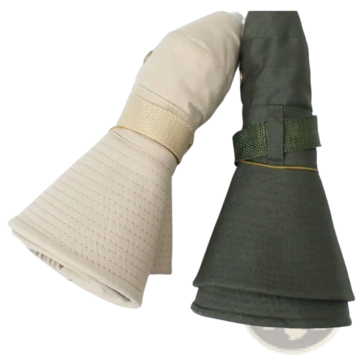 Wide brim fishing bucket hat in beige and olive green with foldable mesh fabric and adjustable sun visor straps
