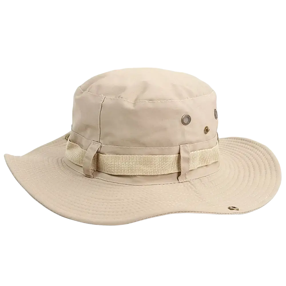 Beige wide brim fishing bucket hat with adjustable strap and metal eyelets for ventilation and sun protection