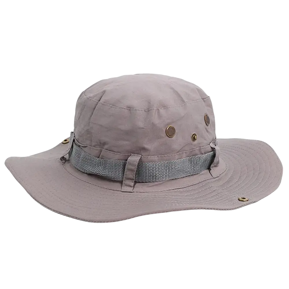 Beige wide brim fishing bucket hat with adjustable gray fabric strap and brass metal eyelets for summer sun protection