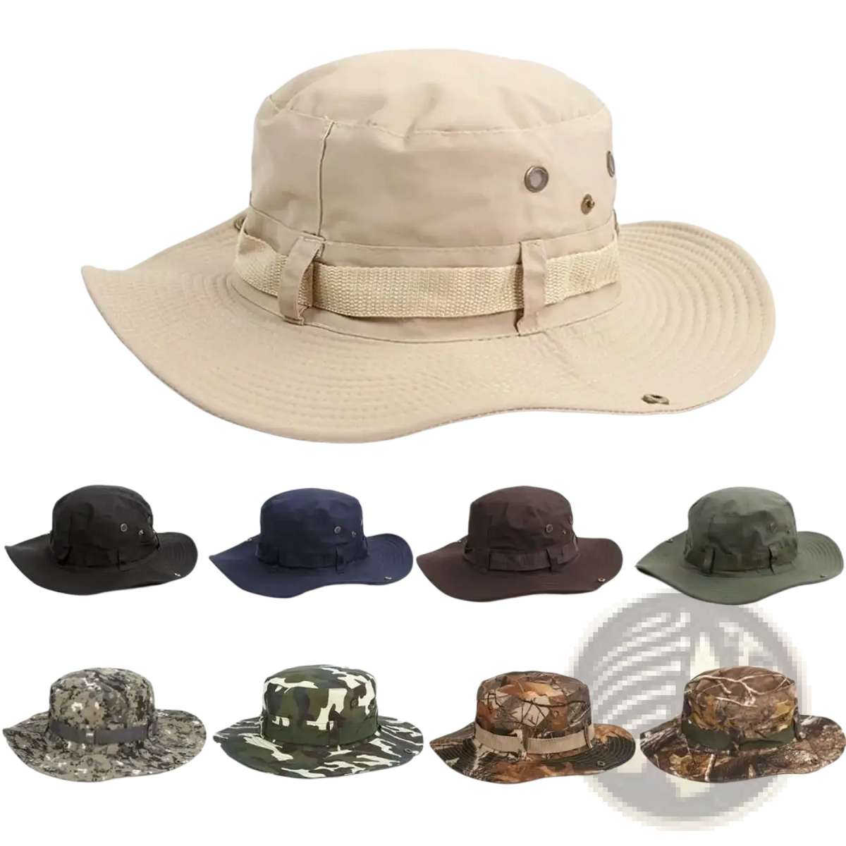 Beige wide brim fishing bucket hat with adjustable strap and button details for summer sun protection