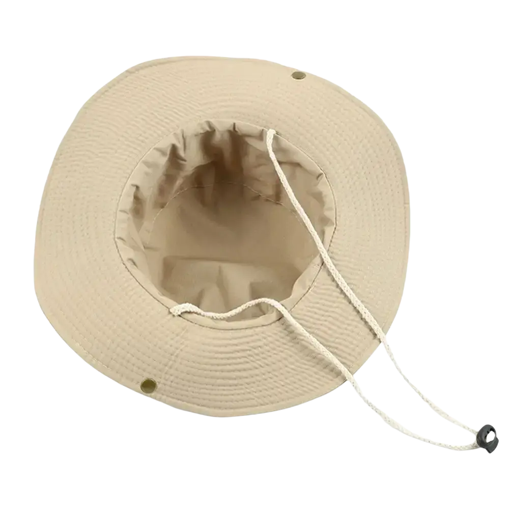 Beige woven wide brim fishing bucket hat with drawstring closure and reinforced stitching for summer sun protection
