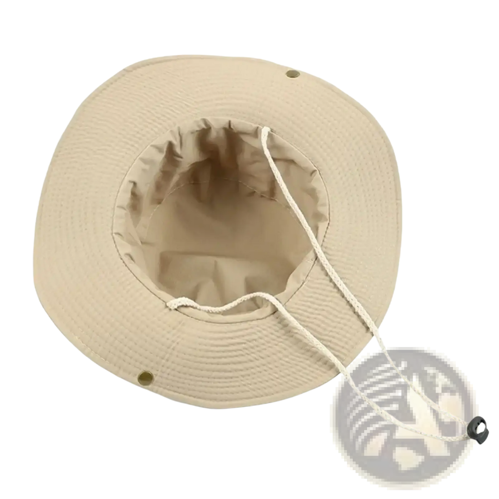 Beige woven wide brim fishing bucket hat with drawstring closure and reinforced stitching for summer sun protection