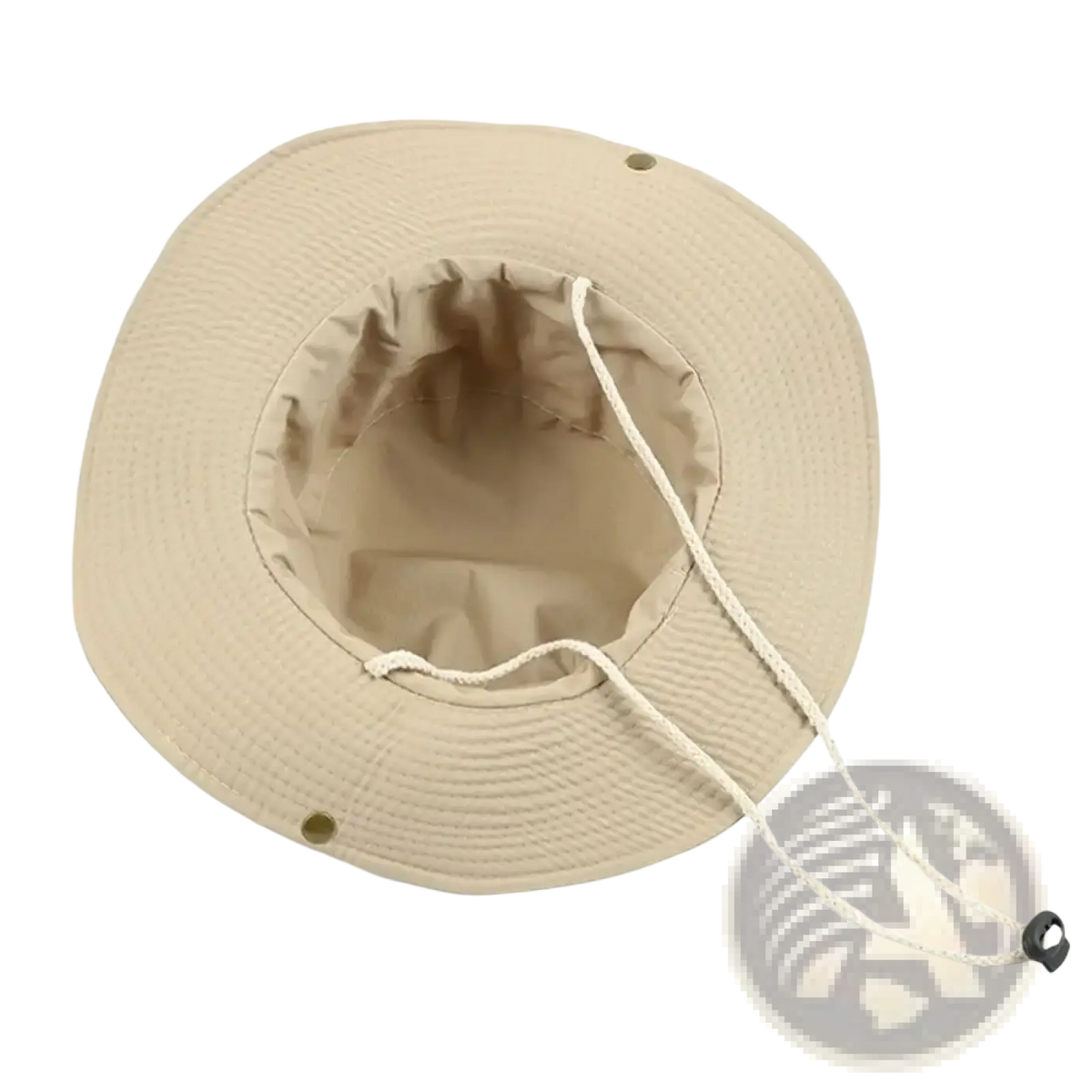 Beige woven wide brim fishing bucket hat with drawstring closure and reinforced stitching for summer sun protection
