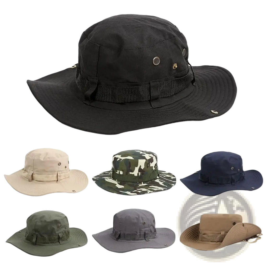 Black tactical wide brim boonie hat with adjustable strap designed as a fishing bucket hat for summer sun protection