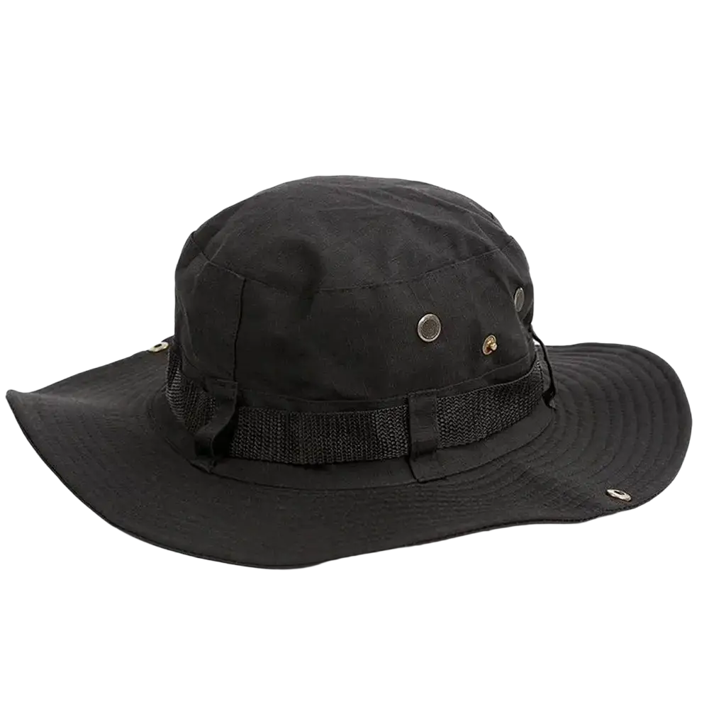 Black wide brim fishing bucket hat with adjustable strap designed for summer sun protection
