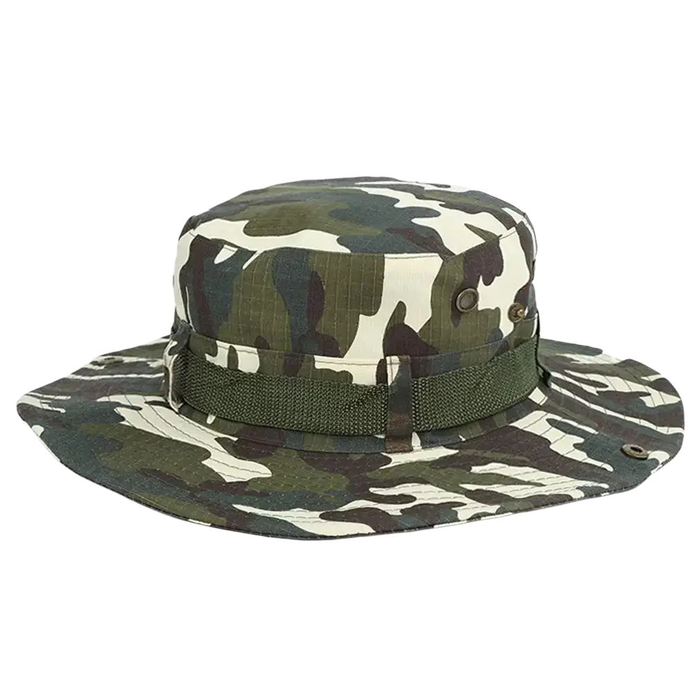 Wide brim fishing bucket hat with camouflage pattern and adjustable olive green strap for summer sun protection