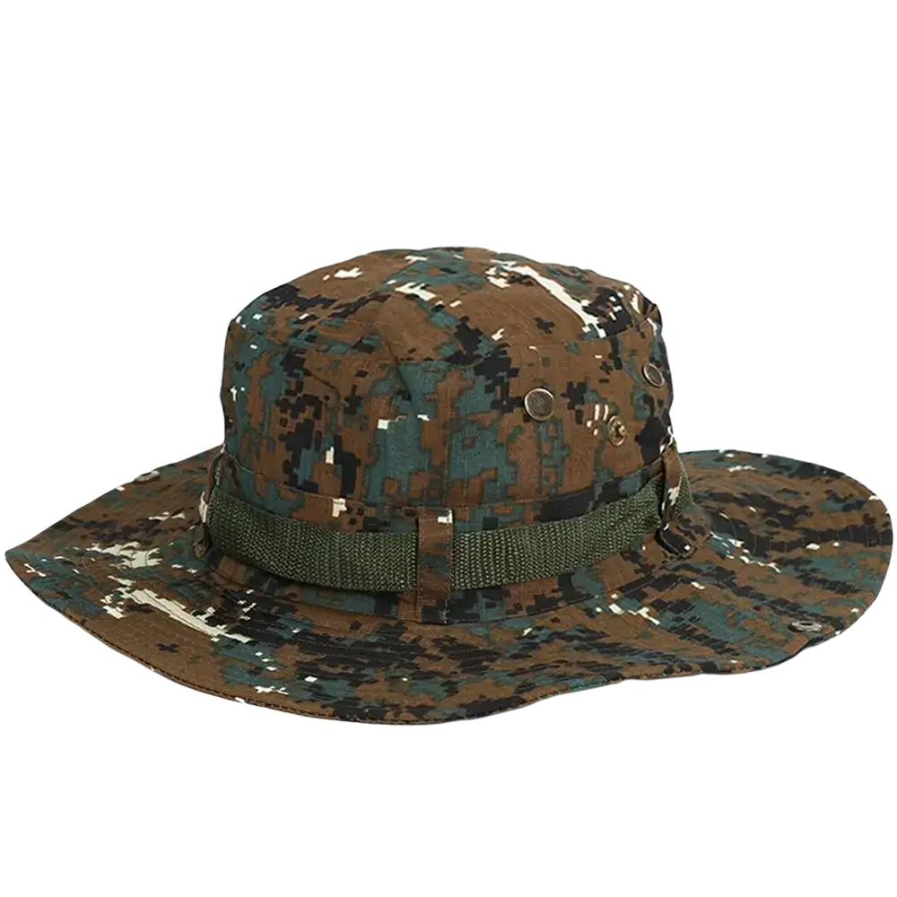 Wide brim fishing bucket hat with brown and green digital camouflage boonie style and adjustable strap for summer sun protection