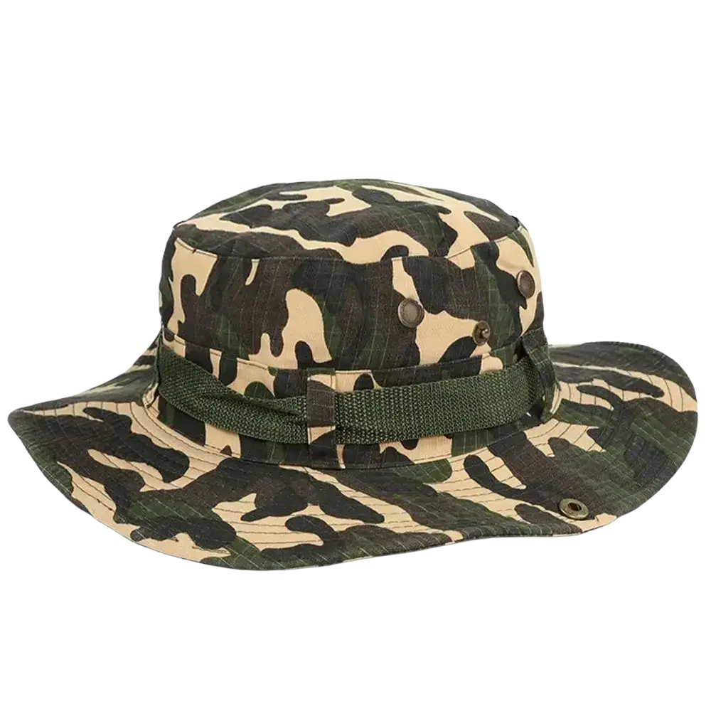 Wide brim fishing bucket hat in camouflage with olive green adjustable strap for summer sun protection