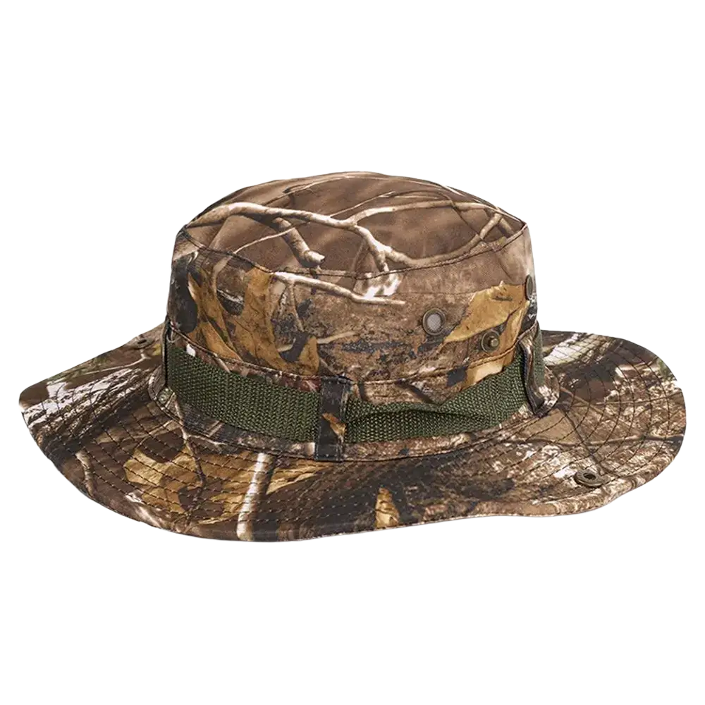 Wide brim fishing bucket hat with camouflage pattern olive green fabric strap designed for summer sun protection