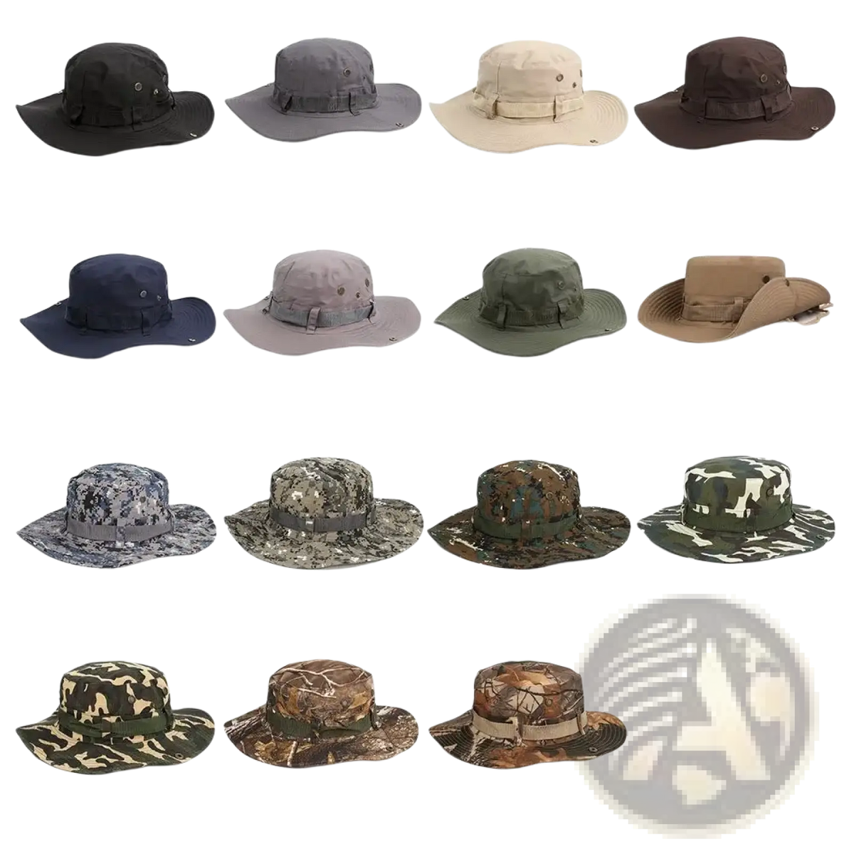 A collection of twelve wide brim fishing bucket hats in various solid colors and camouflage patterns for summer sun protection