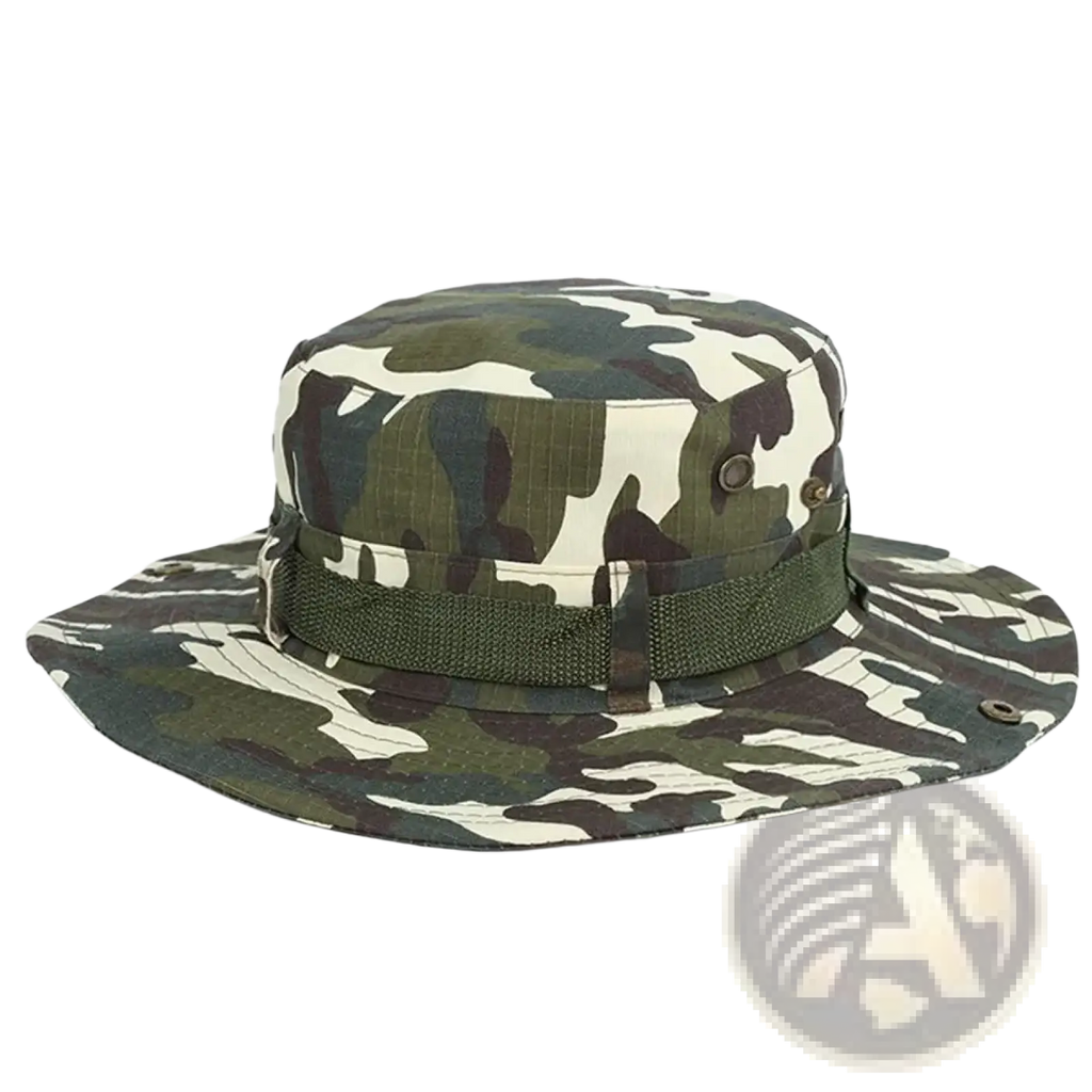 Wide brim fishing bucket hat with camouflage pattern and adjustable olive green strap for summer sun protection