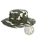 Wide brim fishing bucket hat with camouflage pattern and adjustable olive green strap for summer sun protection