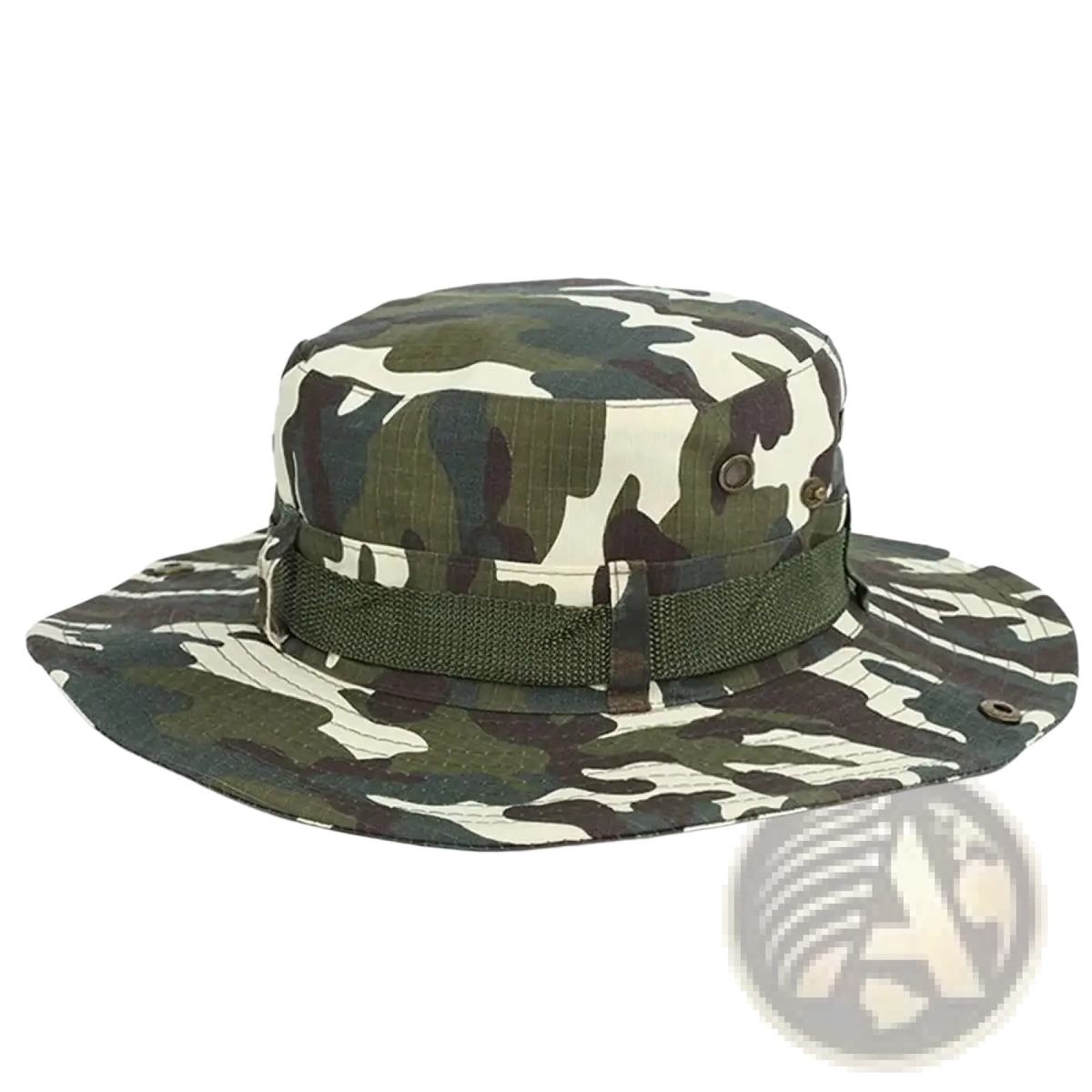 Wide brim fishing bucket hat with camouflage pattern and adjustable olive green strap for summer sun protection