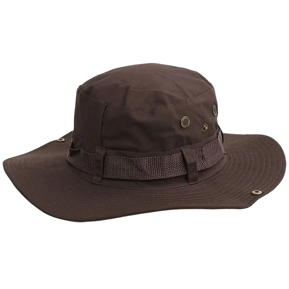 Dark brown tactical boonie hat with wide brim and adjustable strap ideal for fishing and summer sun protection