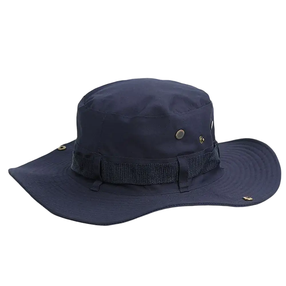 Dark navy blue wide brim fishing bucket hat made of durable fabric with adjustable strap for summer sun protection