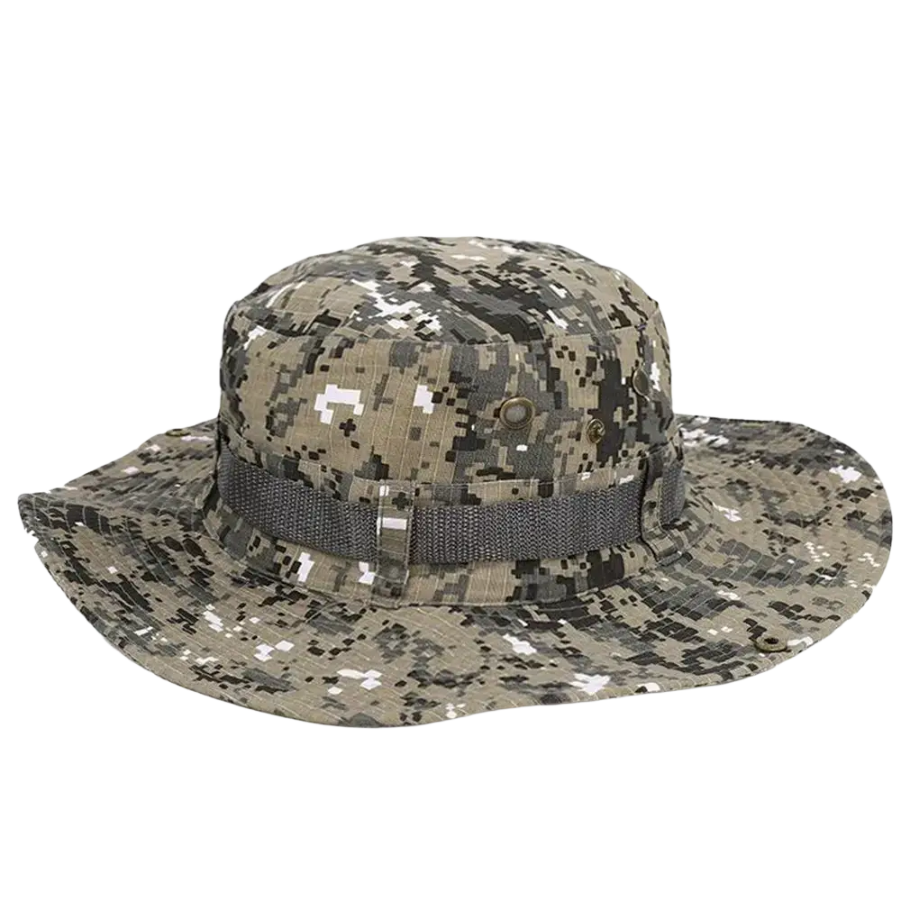 A digital camouflage wide brim fishing bucket hat with adjustable strap for summer sun protection