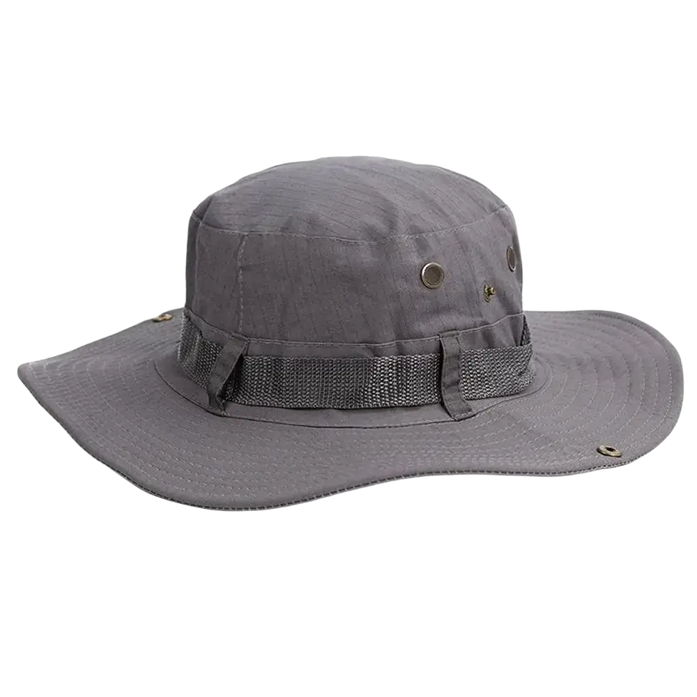Gray wide brim fishing bucket hat with adjustable mesh strap designed for summer sun protection