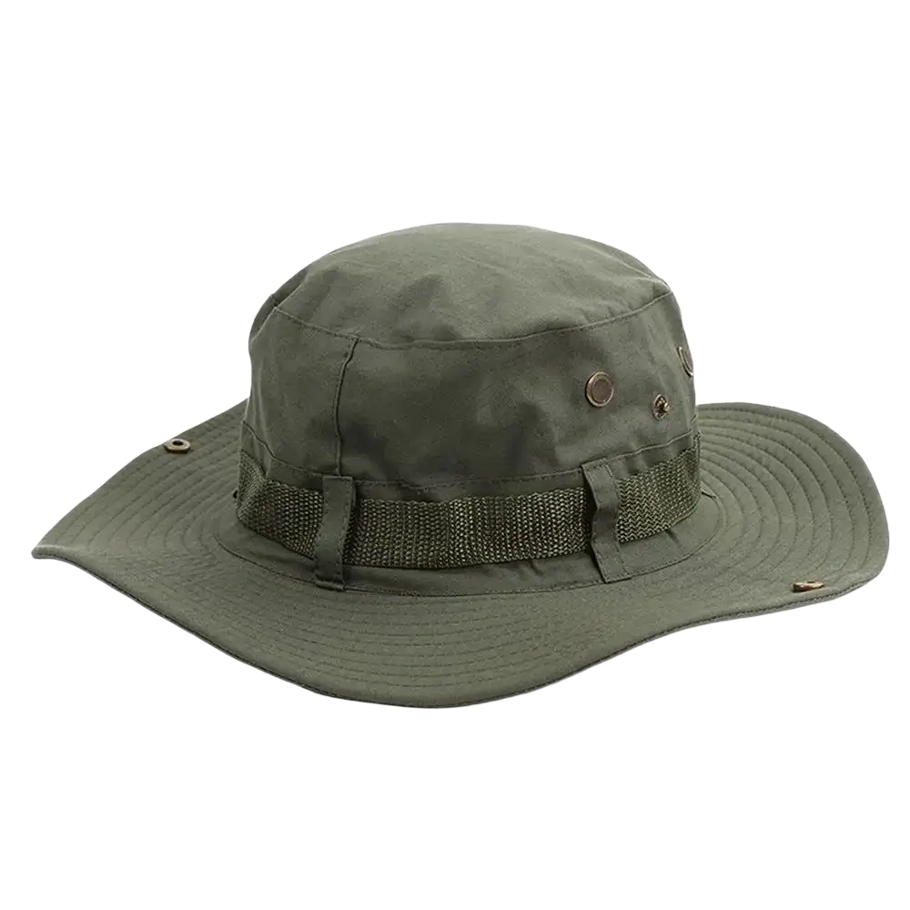 Olive green wide brim fishing bucket hat with adjustable strap designed for summer sun protection