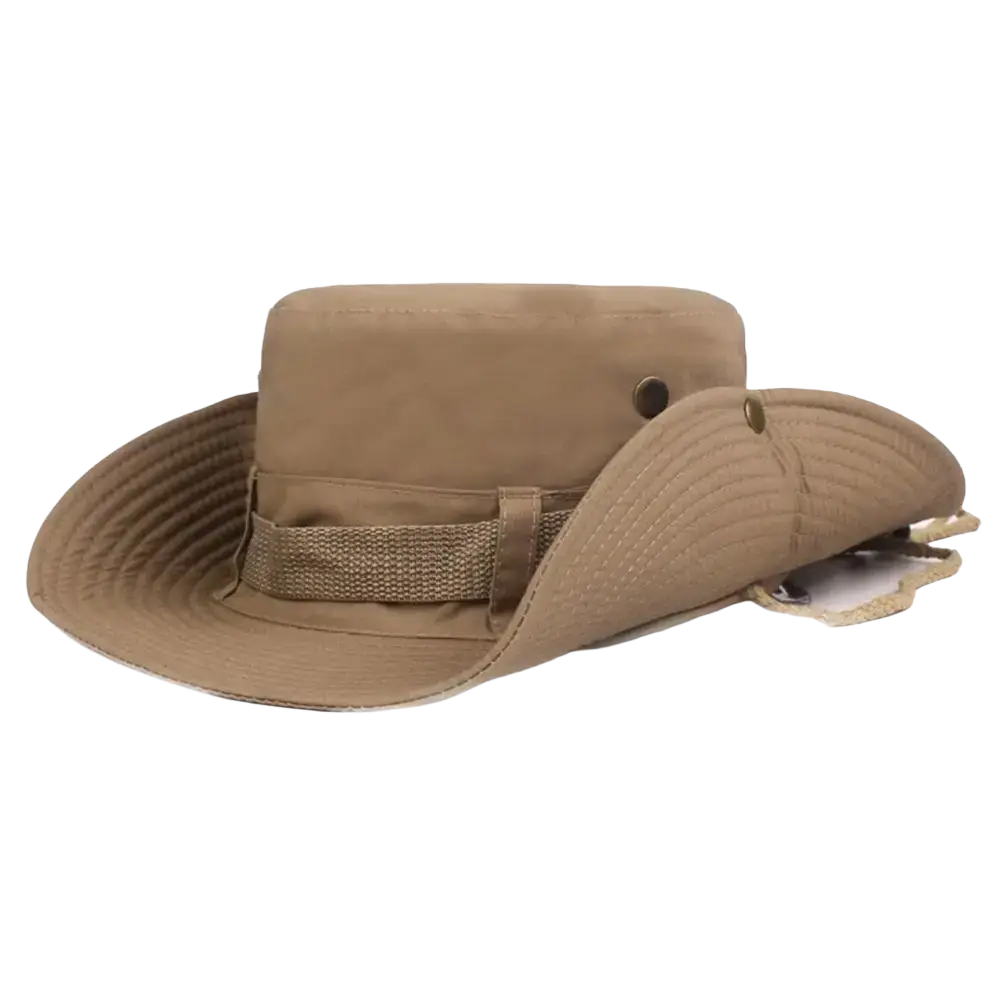 Tan canvas wide brim fishing bucket hat with adjustable strap designed for summer sun protection