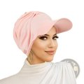 Soft pink wide brim muslim turban cap sun hat made of fabric with structured design and gathered folds