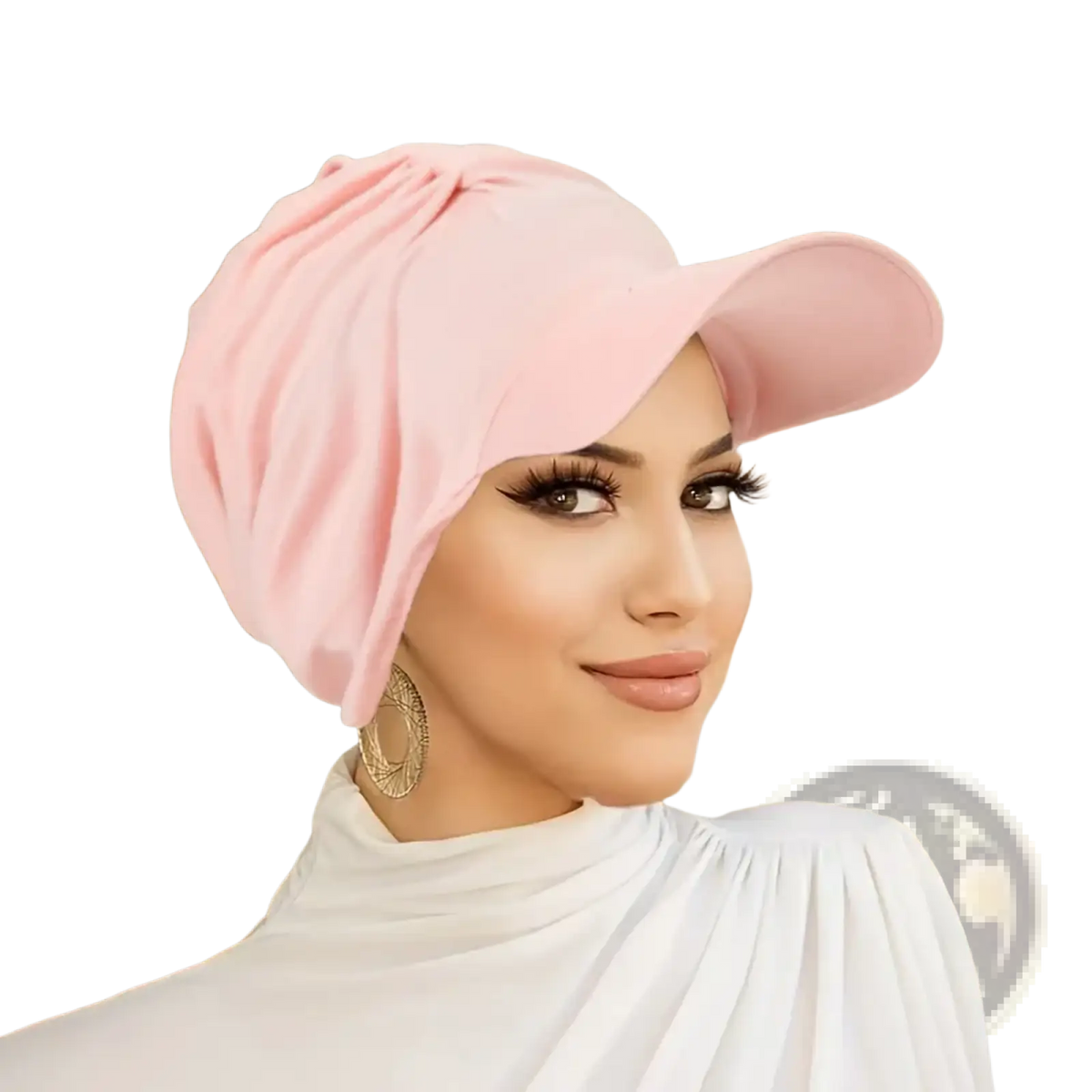 Soft pink wide brim muslim turban cap sun hat made of fabric with structured design and gathered folds