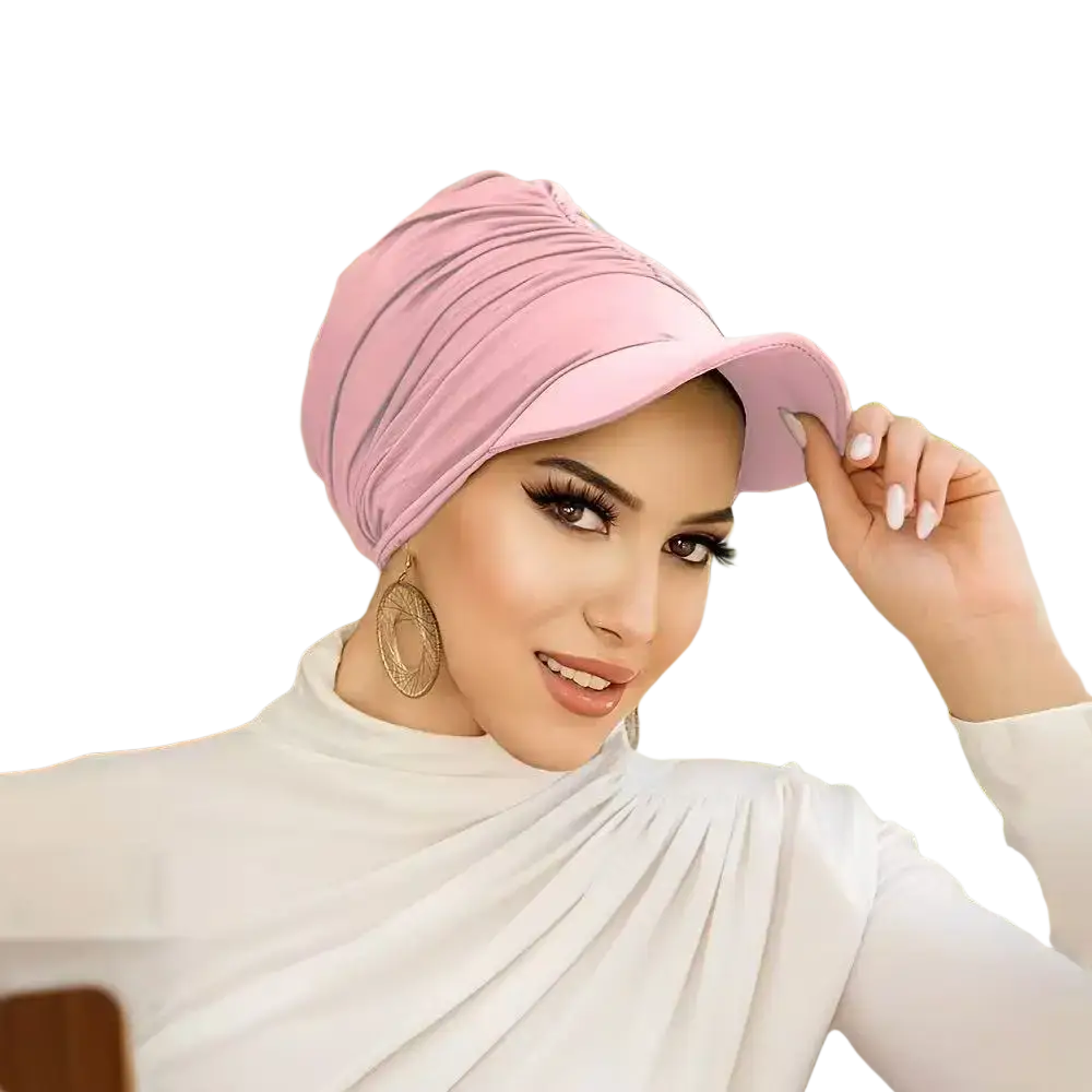 Pink satin wide brim muslim turban cap sun hat with a structured brim ideal for sun protection