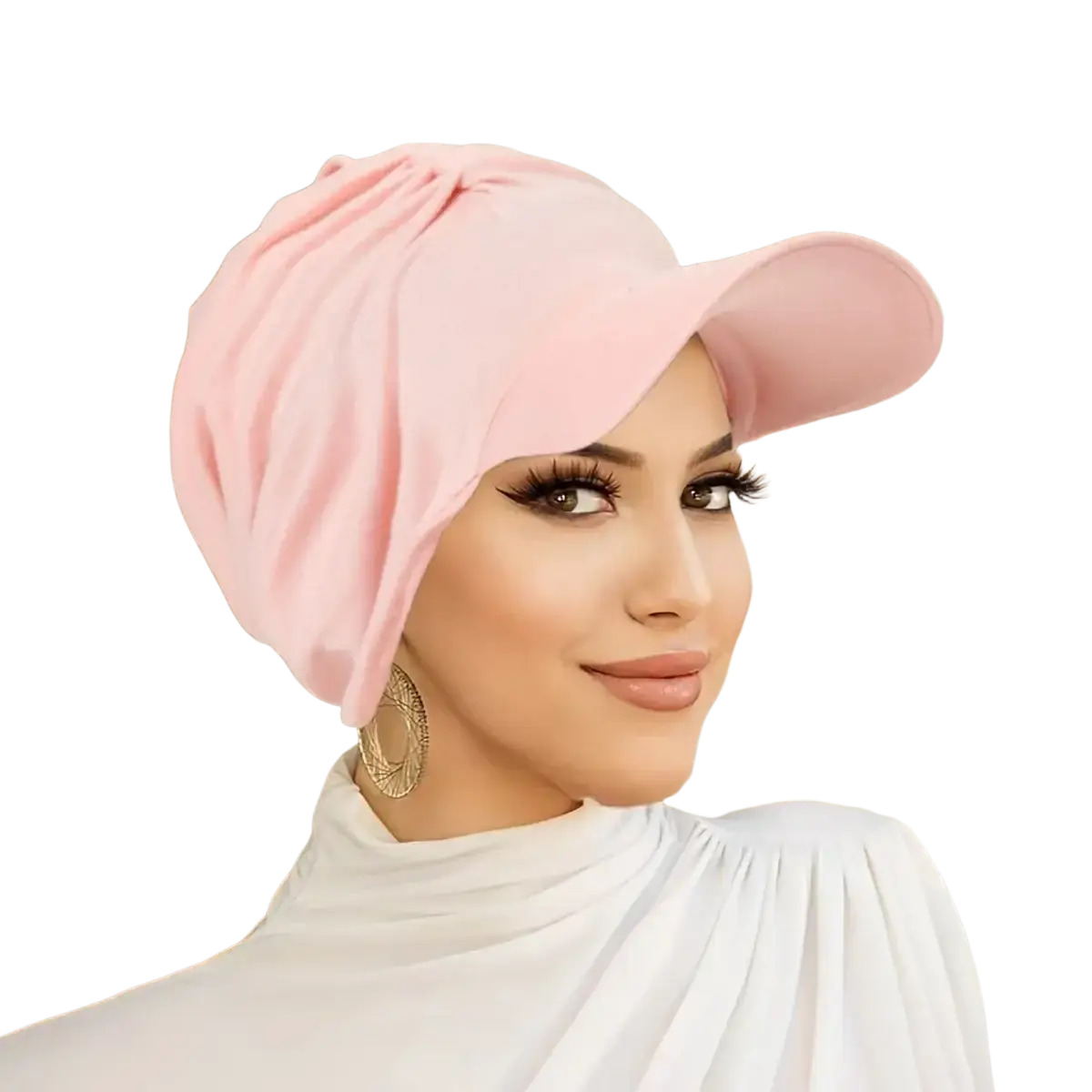 Soft pink wide brim muslim turban cap sun hat made of fabric with structured design and gathered folds
