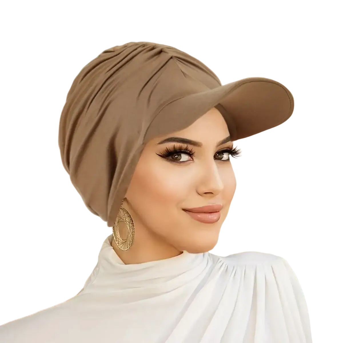 Wide brim muslim turban cap sun hat in taupe with a softly draped hijab and structured cap brim for sun protection