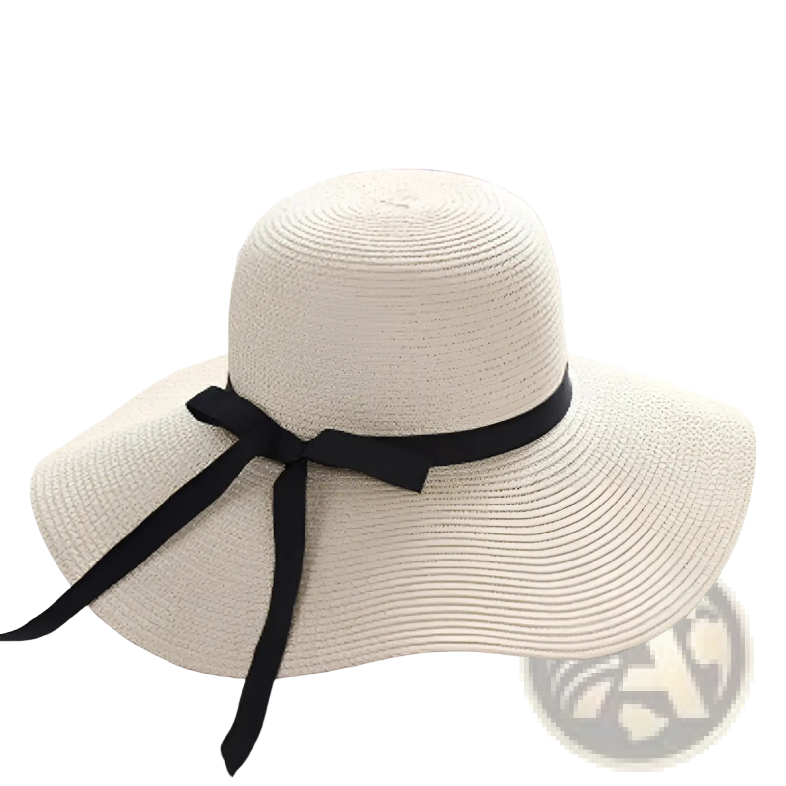 Wide brim straw sun hat in beige with a black satin ribbon bow