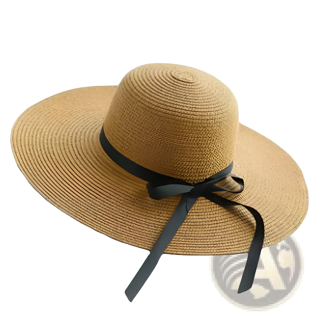 Beige wide brim straw sun hat with black ribbon bow around the crown for sun protection and style