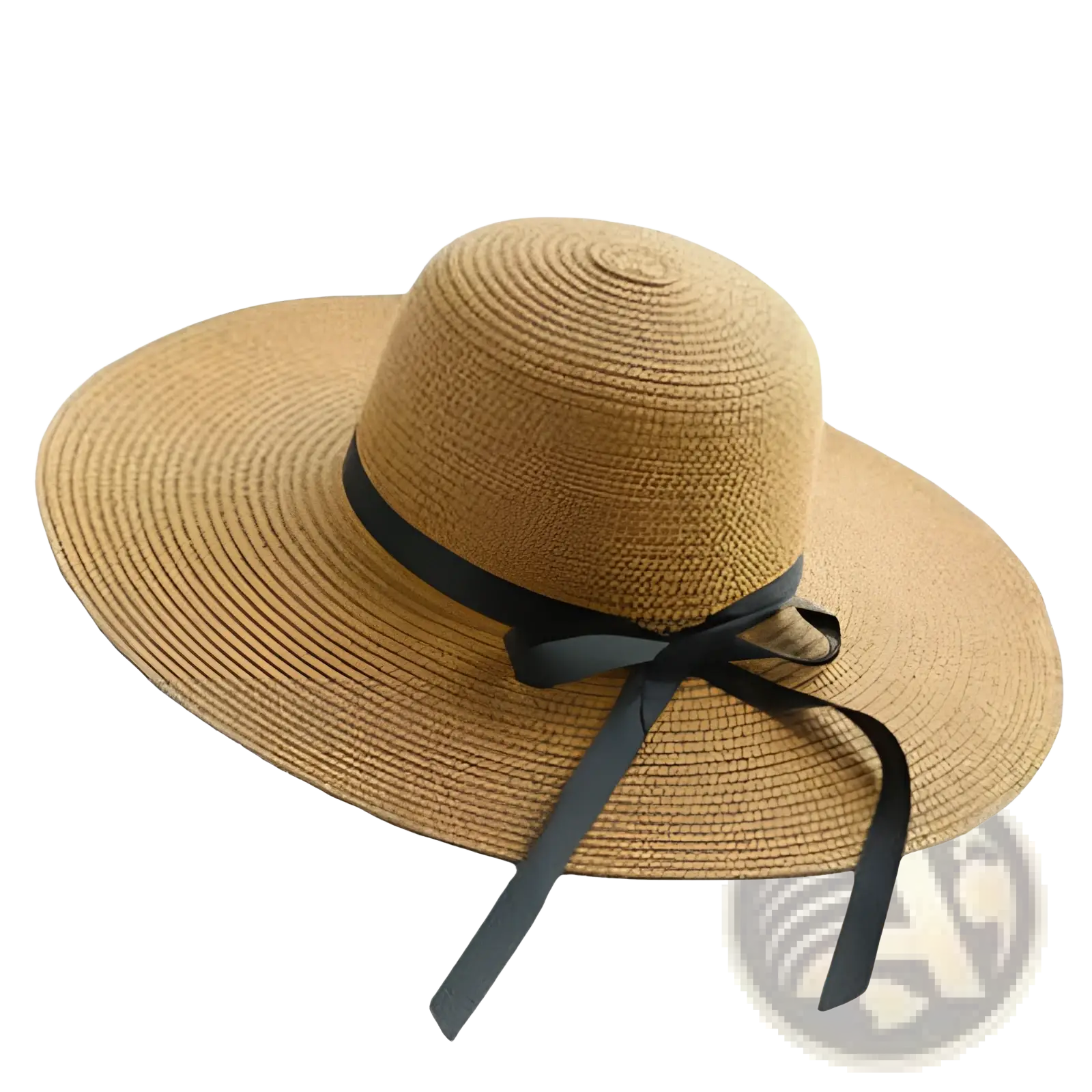 Beige wide brim straw sun hat with black ribbon bow around the crown for sun protection and style