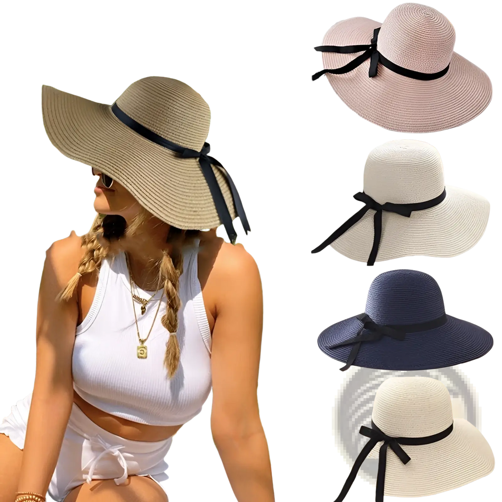 Beige wide brim straw sun hat with black ribbon bow suitable for sun protection and stylish wear