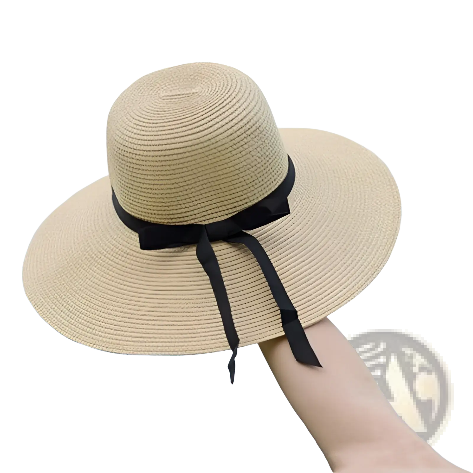 Beige wide brim straw sun hat with a black ribbon bow suitable for sun protection and stylish outdoor wear