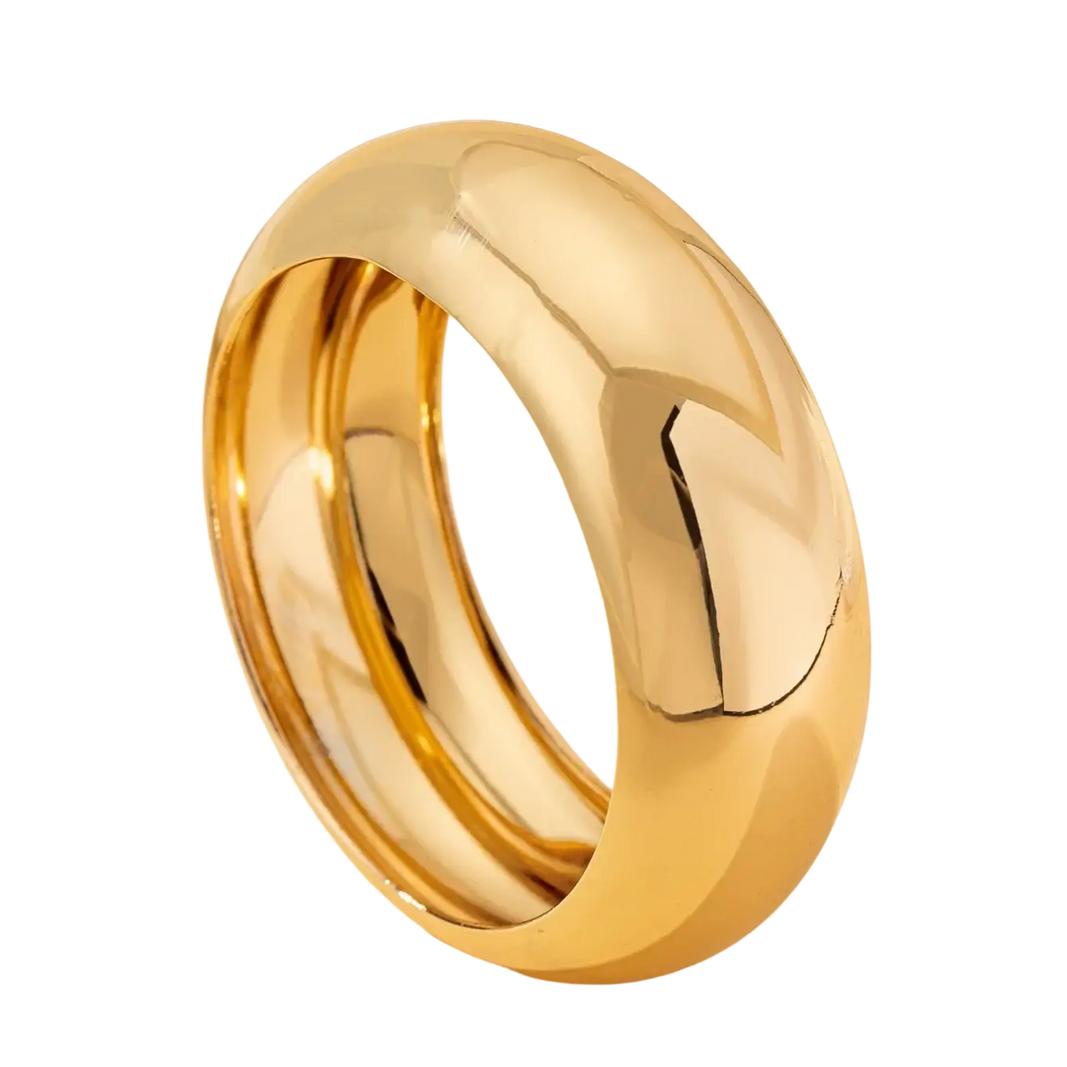 Wide gold bangle bracelet for women featuring a sleek polished gold-colored smooth rounded band with reflective highlights