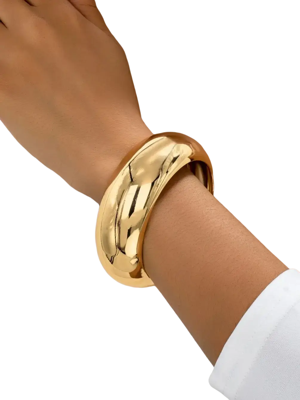 Wide gold bangle bracelet for women with a sleek, smooth curved design and reflective gold-toned surface