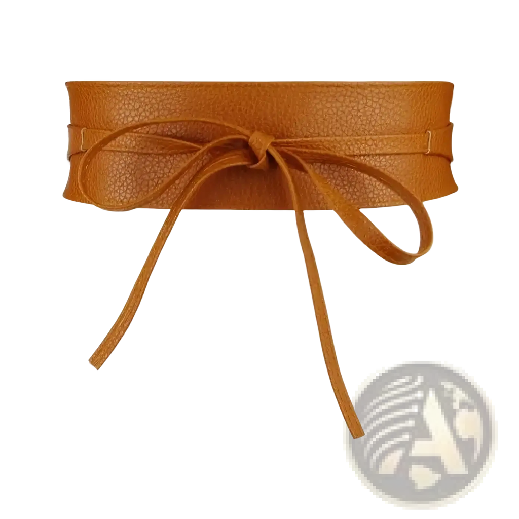 Wide leather bowknot wrap belt for women in tan pebbled leather with a tied bow at the center