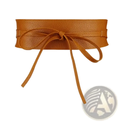 Wide leather bowknot wrap belt for women in tan pebbled leather with a tied bow at the center